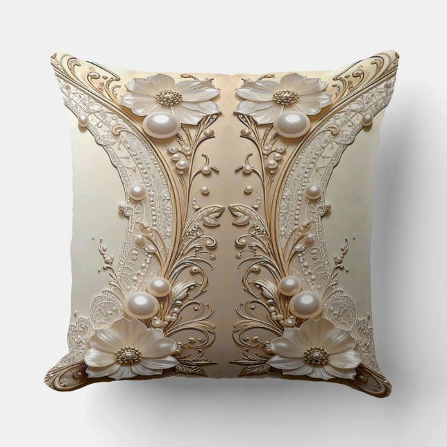 Modern White Flowers Pearls Throw Pillow Kissen (Vorderseite)