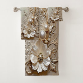 Modern White Flowers Pearls Towel Set