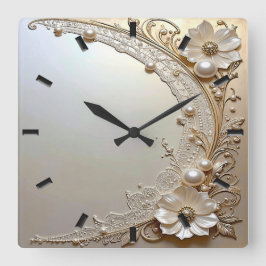 Modern White Flowers Pearls Wall Clock Quadratische Wanduhr