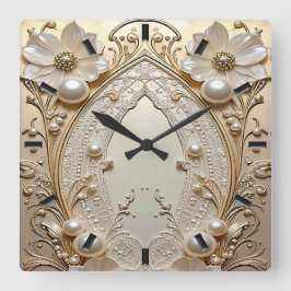 Modern White Flowers Pearls Wall Clock Quadratische Wanduhr