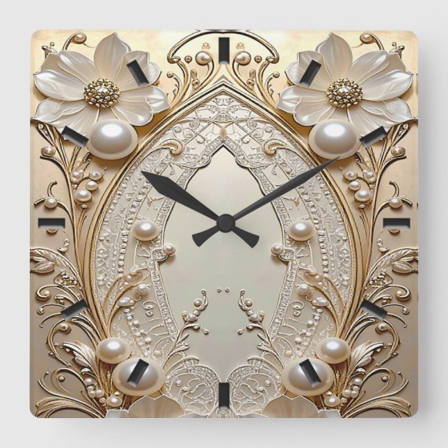 Modern White Flowers Pearls Wall Clock Quadratische Wanduhr (Vorderseite)