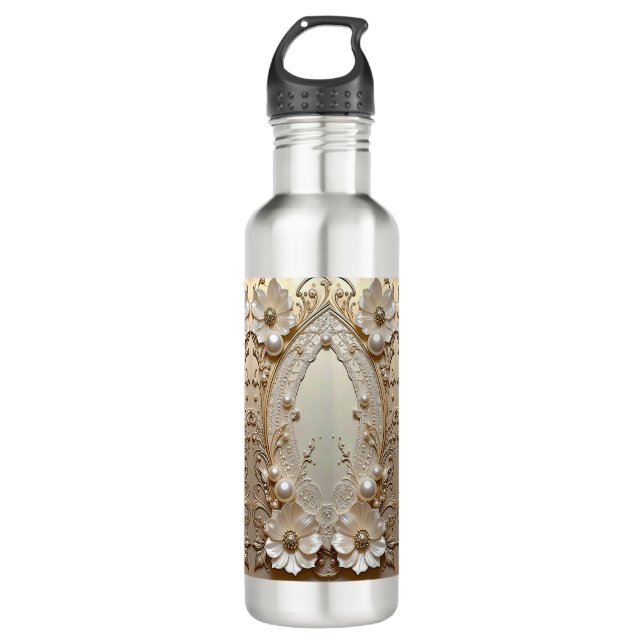 Modern White Flowers Pearls Water Bottle Edelstahlflasche (Vorderseite)