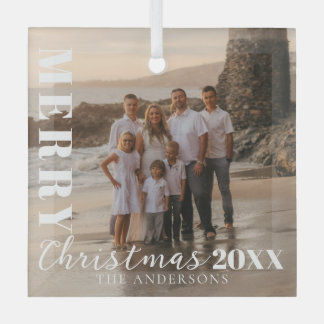 Modern White Frohe Weihnachts-Script-Foto Ornament Aus Glas