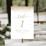 Modern White Gold Glitter Edge Wedding Tischnummer<br><div class="desc">The top edge of this elegant modern wedding table number features a gold faux glitter design. The customizable text combines gold-colored handwriting,  copperplate and italic fonts on a white background.</div>