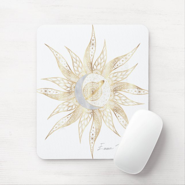 Modern White Gold Sun Moon Planet Universe Mandala Mousepad (Mit Mouse)