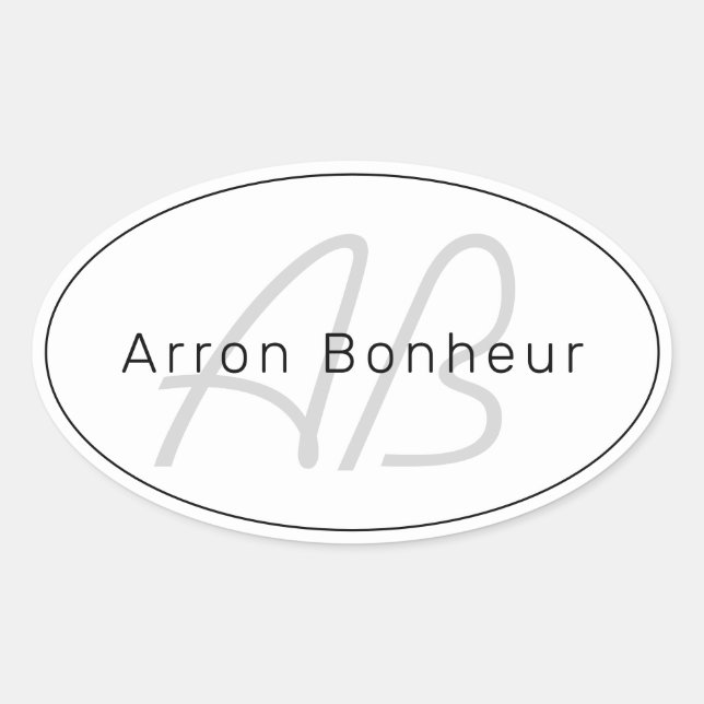 Modern White Gray & Black | Cooler Name und Monogr Ovaler Aufkleber (Vorderseite)