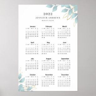 Modern White Green Leafy Calender 2022 Poster