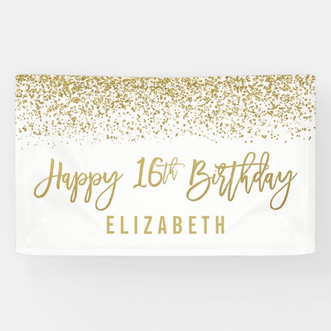 Modern White Imitats Gold Glitzer 16. Geburtstag Banner (Horizontal)