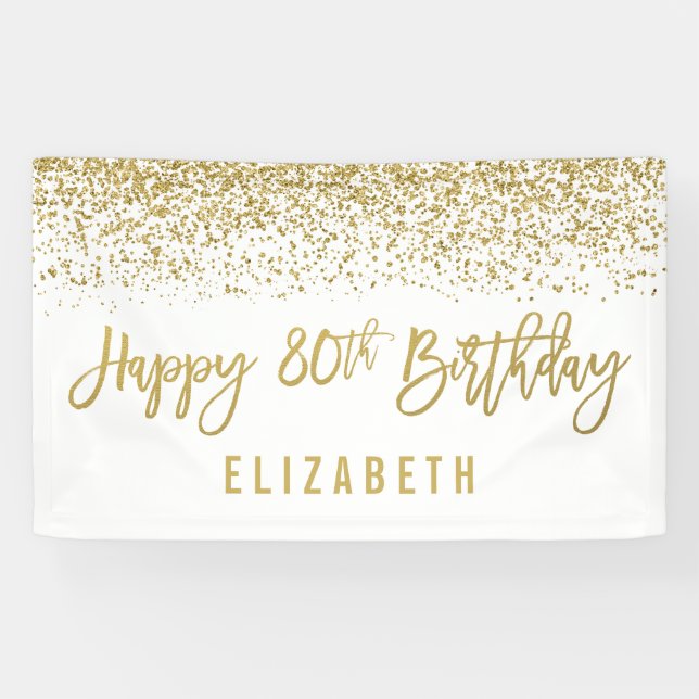 Modern White Imitats Gold Glitzer 80. Geburtstag Banner (Horizontal)