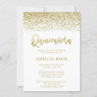 Modern White Imitats Gold Glitzern Quinceanera Einladung