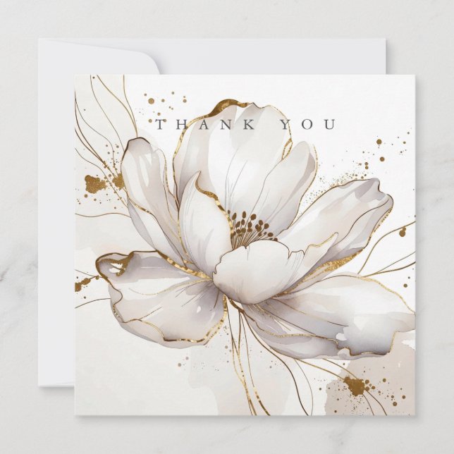 Modern White Magnolia Gold Line Art Floral Wedding Dankeskarte (Vorderseite)