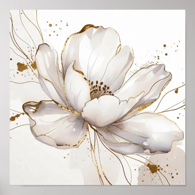 Modern White Magnolia Gold Line Art Floral Wedding Poster (Vorne)