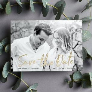 Modern White Marble Gold Script Foto Save The Date