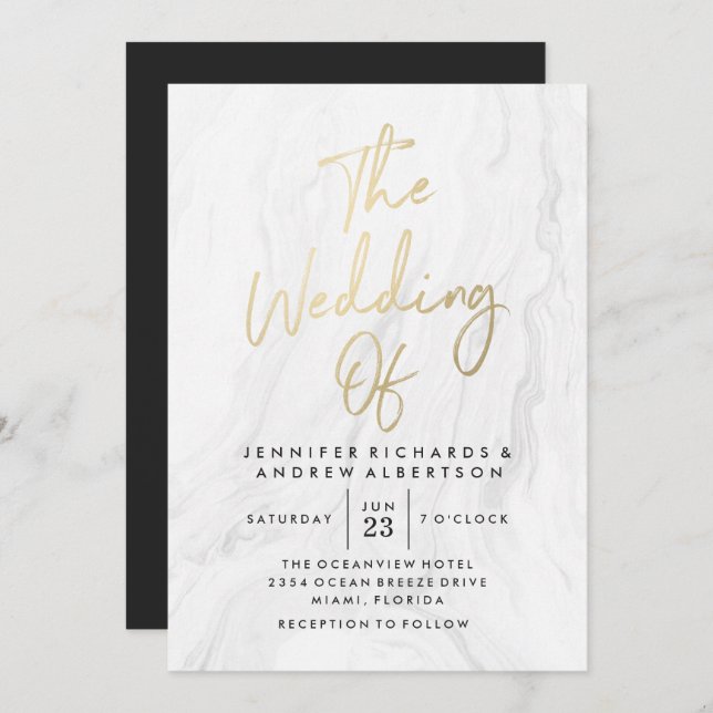 Modern White Marble Gold Script | Hochzeit Einladung (Vorne/Hinten)