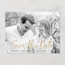 Modern White Marble Gold Script | SAVE THE DATE Ankündigungspostkarte