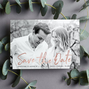 Modern White Marble Rose Gold Script Foto Save The Date