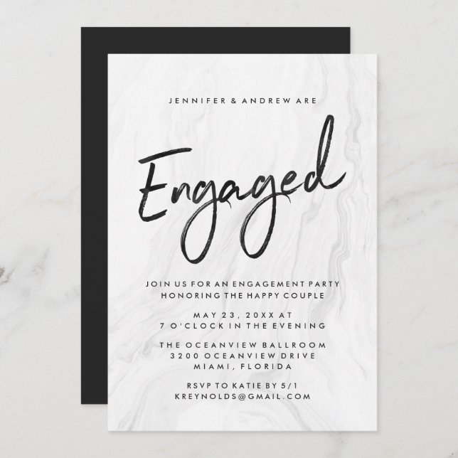 Modern White Marble Script | Engagement Einladung (Vorne/Hinten)