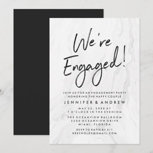 Modern White Marble Script | Engagement Einladung (Vorne/Hinten)