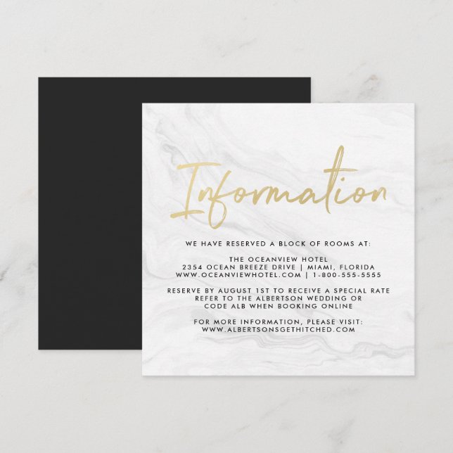 Modern White Marble Script | Hochzeitsinformatione Einladung (Vorne/Hinten)