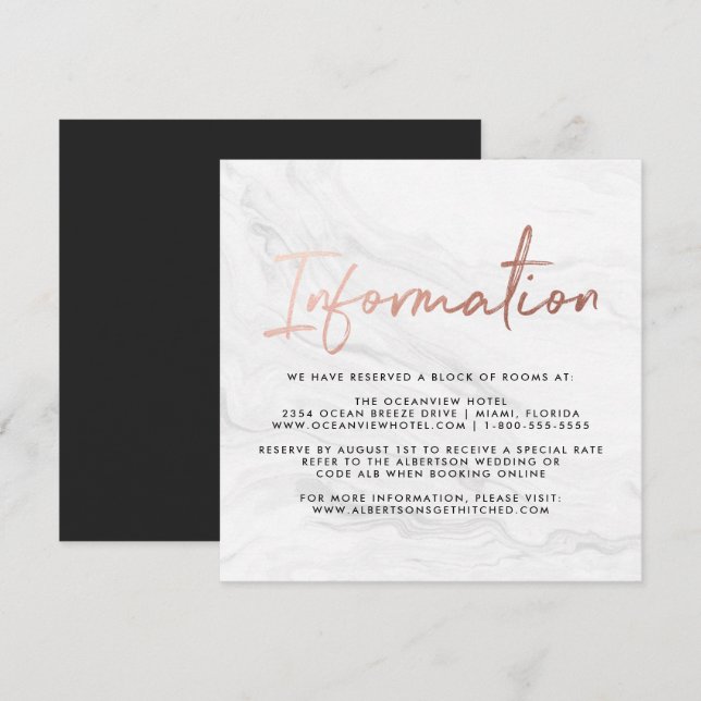 Modern White Marble Script | Hochzeitsinformatione Einladung (Vorne/Hinten)