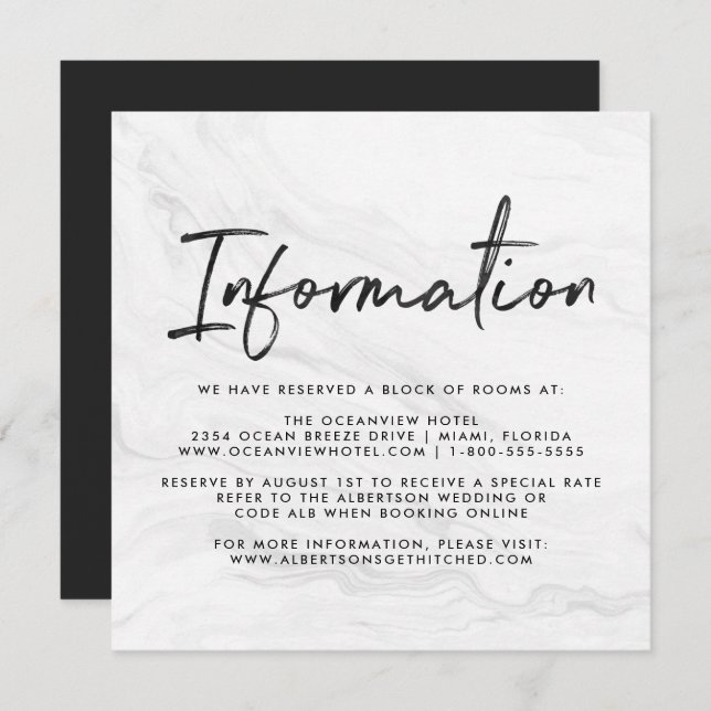 Modern White Marble Script | Hochzeitsinformatione Einladung (Vorne/Hinten)