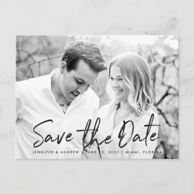 Modern White Marble Script | SAVE THE DATE Ankündigungspostkarte (Vorderseite)