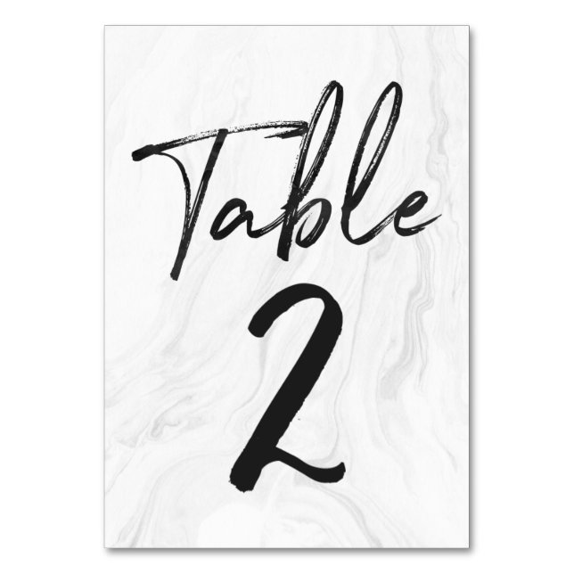 Modern White Marble Script | Tischnummer Card 2 (Vorderseite)