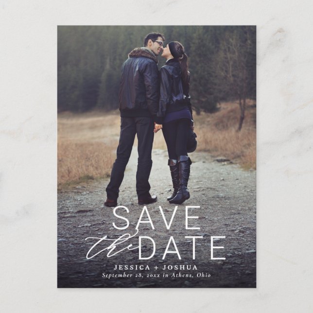 Modern White Overlay Full Foto Save the Date Postkarte (Vorderseite)