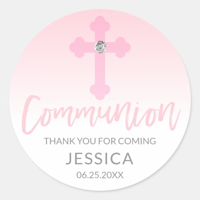 Modern White Pink Cross COMMUNION Mädchen Vielen D Runder Aufkleber (Vorderseite)