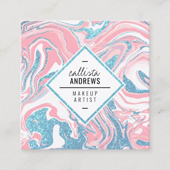 Modern White Pink Sky Blue Glitzer Marmor Makeup Quadratische Visitenkarte (Vorderseite)
