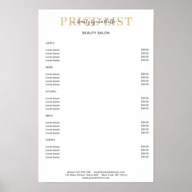 Modern White Price List Poster (Vorne)