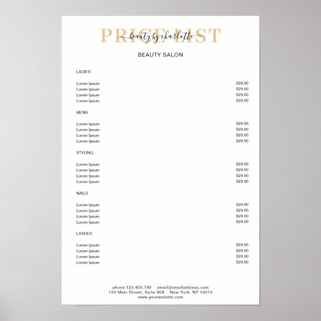 Modern White Price List Poster (Vorne)
