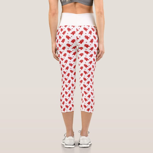 Modern White & Red Gingerbrot Menschenmuster Capri Leggings (Rückseite)