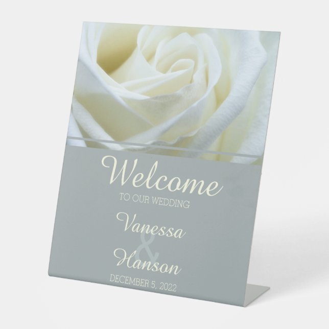 Modern White Rose Wedding Pedestal Sign Sockelschild (Vorderseite)