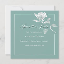 Modern White Roses Sage Green Floral Wedding Save The Date