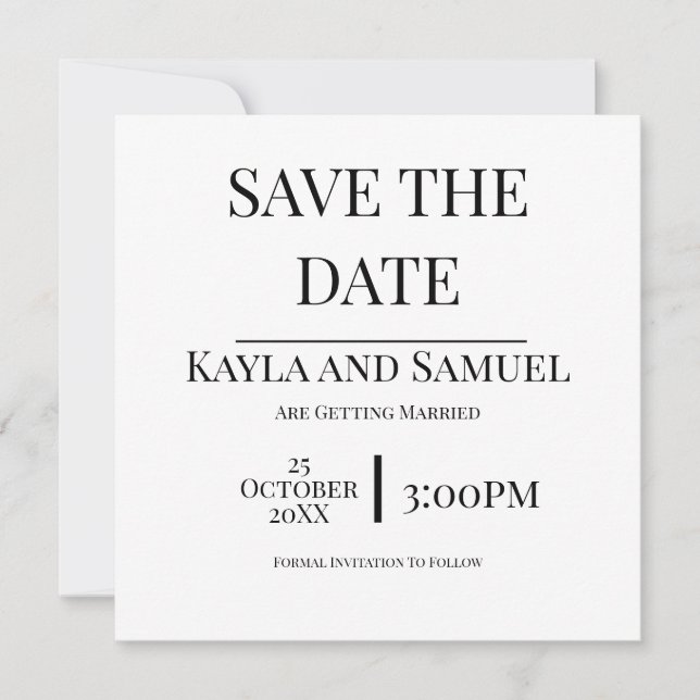 Modern White Save The Date Card with Black Text (Vorderseite)
