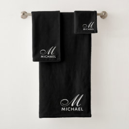 Modern White Script Initial Monogram Black Badhandtuch Set