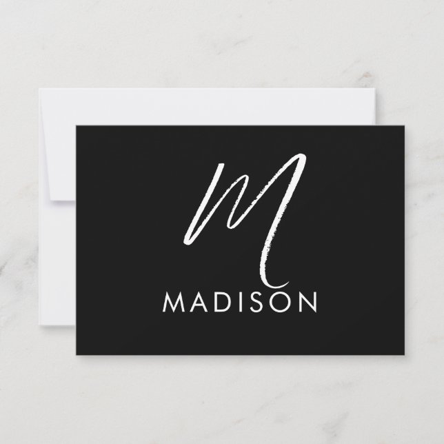 Modern White Script Monogram Initial Minimal Black Mitteilungskarte (Vorderseite)