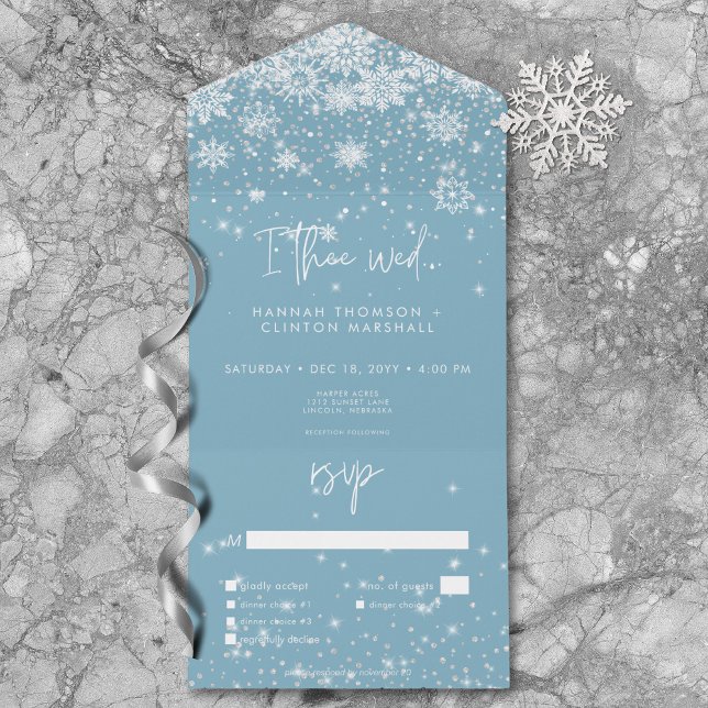 Modern White Snowflakes All In One Einladung (Modern White Sparkle Snowflakes Blue Dinner All In One Invitation)