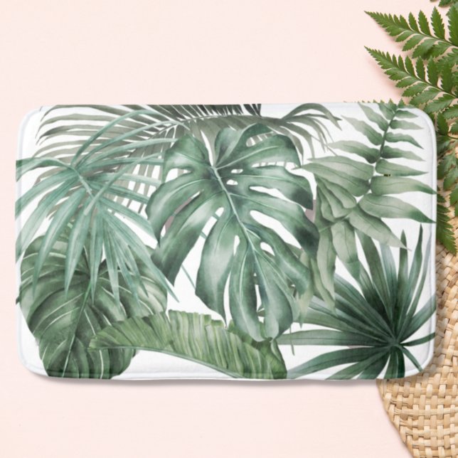 Modern White Tropical Monstera Blätter Muster Badematte (Von Creator hochgeladen)