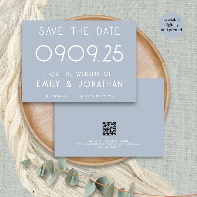 Modern White Typografy Dusty Blue Wedding Save The Date (Front and back view)