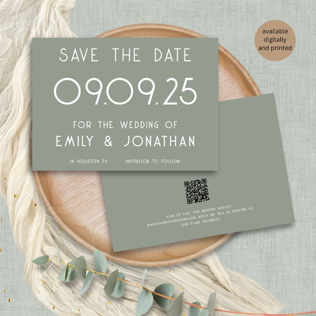 Modern White Typografy Sage Green Wedding Save The Date (Front and back view)