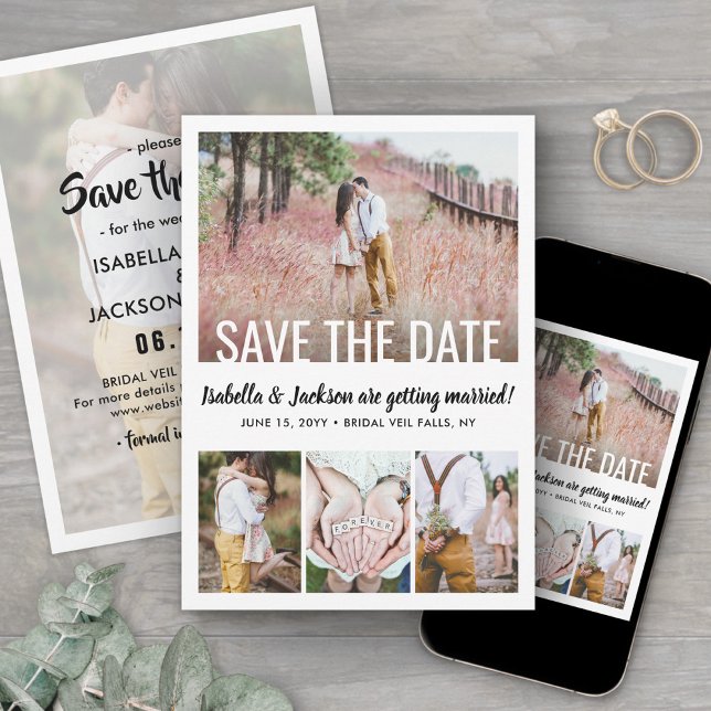 Modern White Typography Overlay Five Photo Wedding Save The Date (Von Creator hochgeladen)
