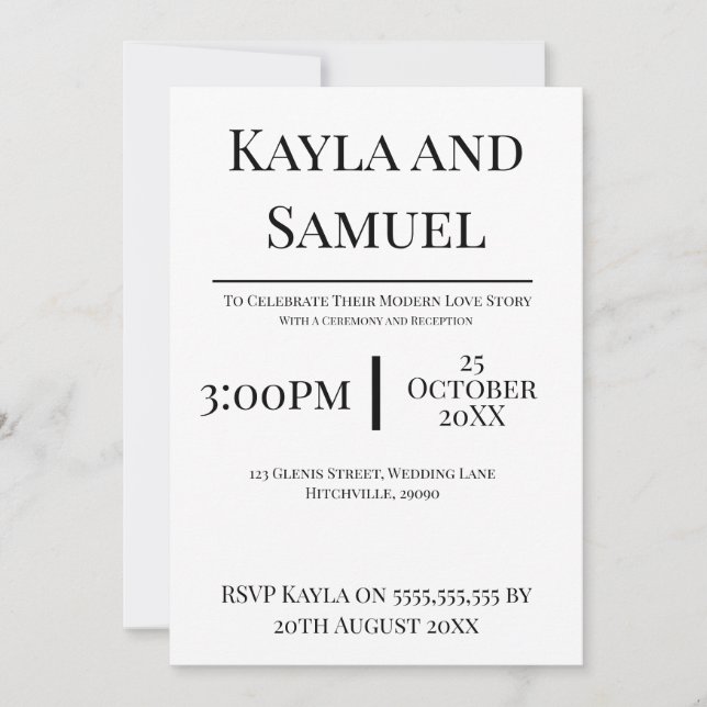 Modern White Wedding Invitation with Black Text Einladung (Vorderseite)