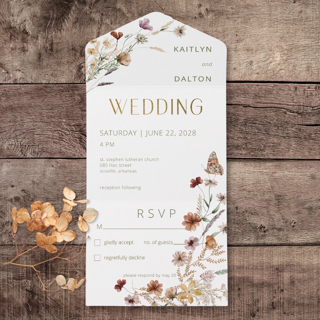 Modern White Wildblume Bouquet Kein Abendessen All In One Einladung (Modern White Wildflower Bouquet All In One Wedding Invitation without Dinner Options)