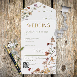 Modern White Wildblume Bouquet QR Code All In One Einladung