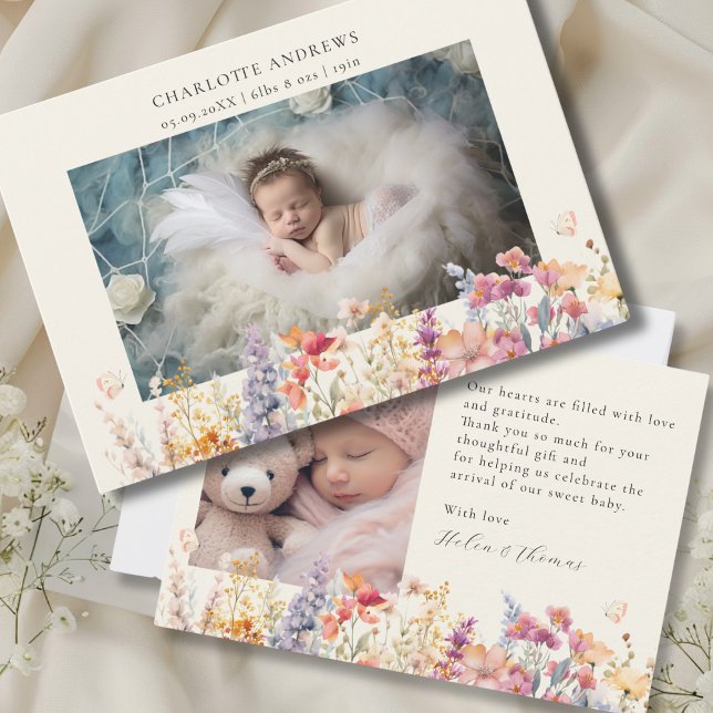 Modern, Wildblume, 2 Foto New Baby Vielen Dank Dankeskarte (Modern, Wildflower, 2 Photo New Baby Thank You Card. Gender neutral, for Baby Girl & Baby Boy.)