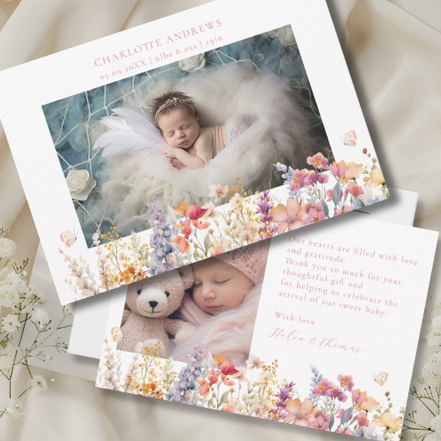 Modern, Wildblume, 2 Foto New Baby Vielen Dank Dankeskarte (Modern, Wildflower, 2 Photo New Baby Thank You Card. , For Baby Girl.)
