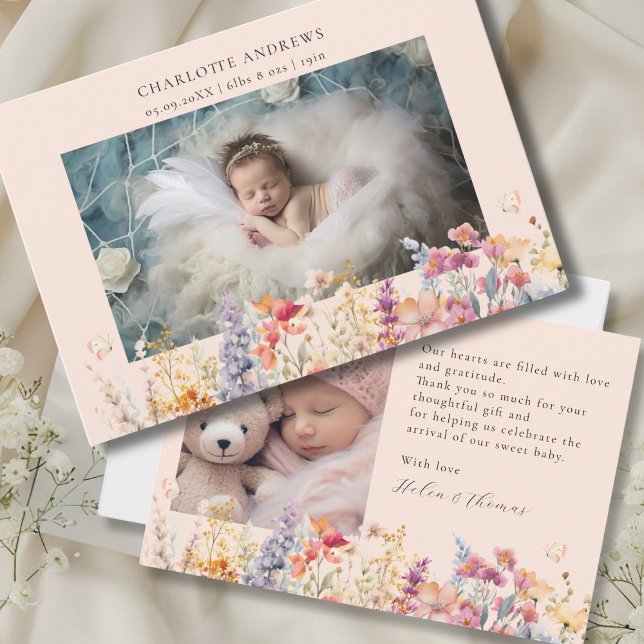 Modern, Wildblume, 2 Foto New Baby Vielen Dank Dankeskarte (Modern, Wildflower, 2 Photo New Baby Thank You Card. For Baby Girl.)