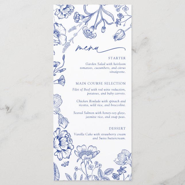 Modern Wildflower Blue Floral Brunch Bridal Shower Menükarte (Vorderseite)